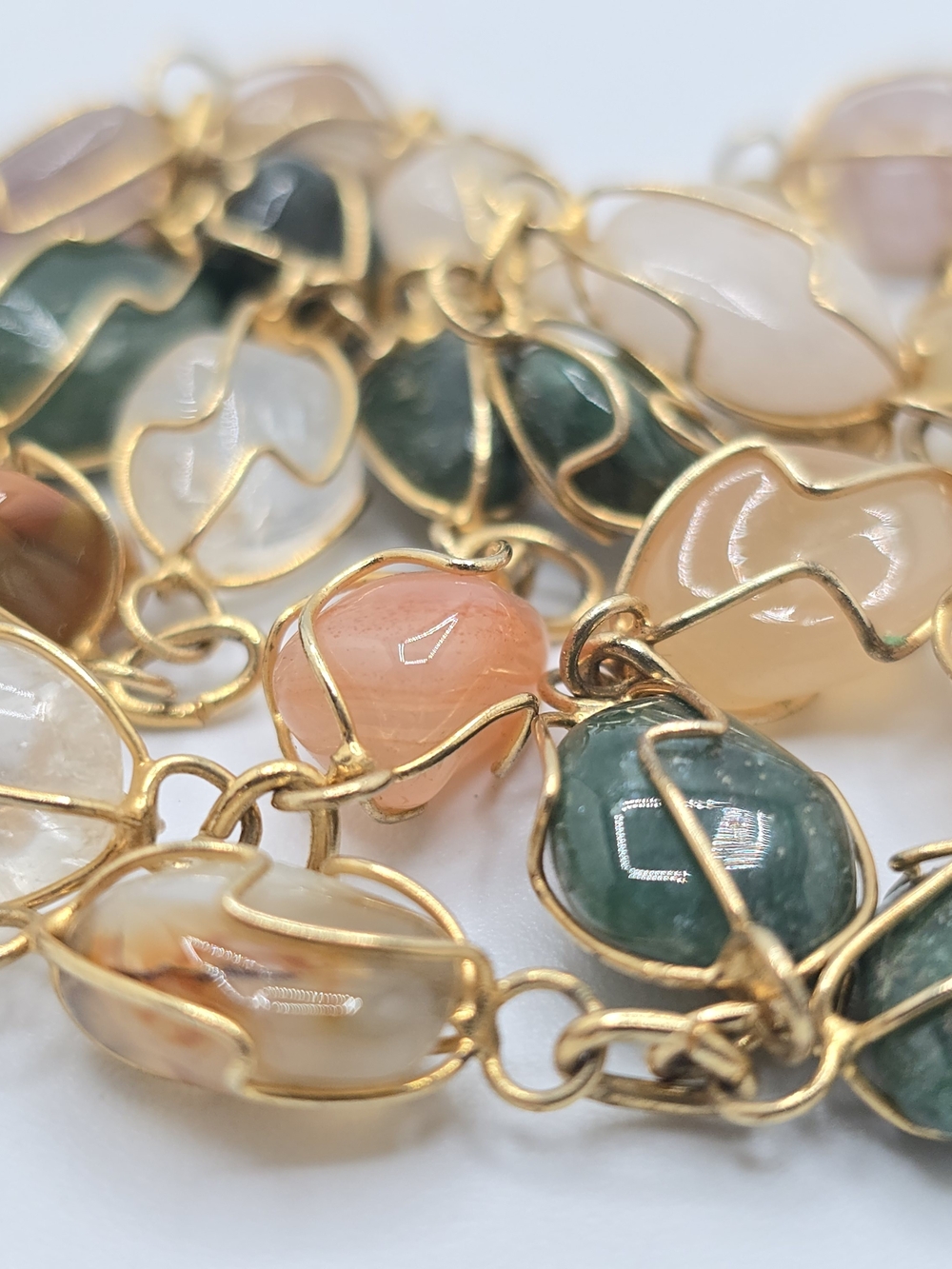 Vintage Wire Wrapped Multicolor Stone Necklace Gold Tone 26"